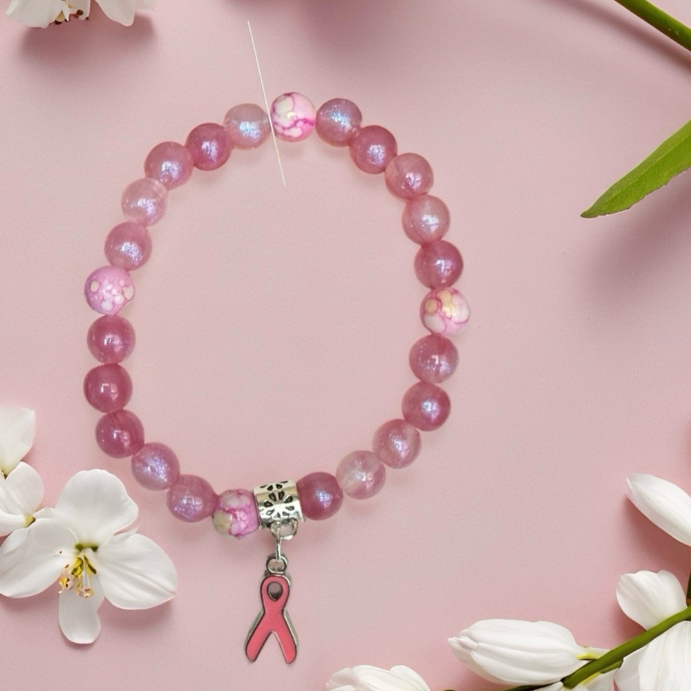 Pink Ribbon Beaded Stretch Bracelet - Unbranded - Picture 4 of 6
